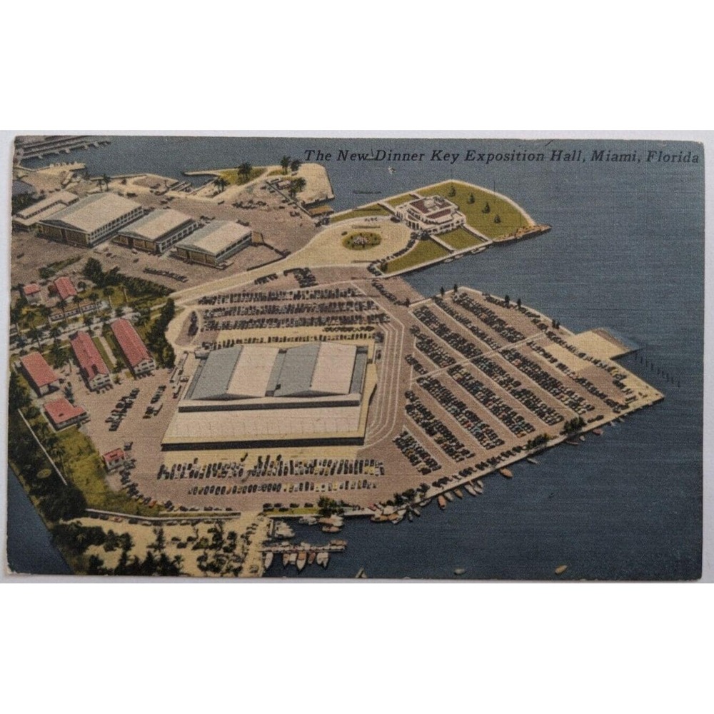 The New Dinner Key Exposition Hall Miami Florida Aerial‎ View Linen Postcard B4